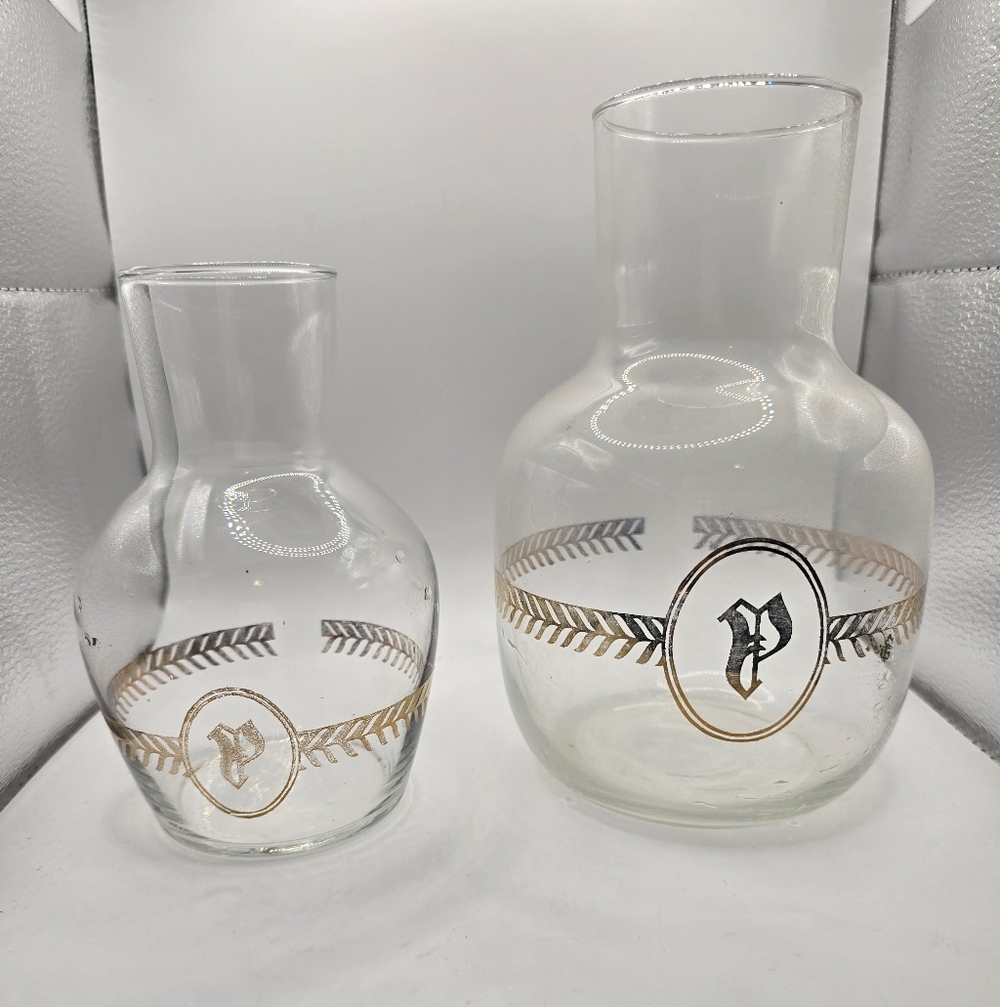 Vintage Libbey Laurel Leaf monogrammed glass carafes with the initial "P"